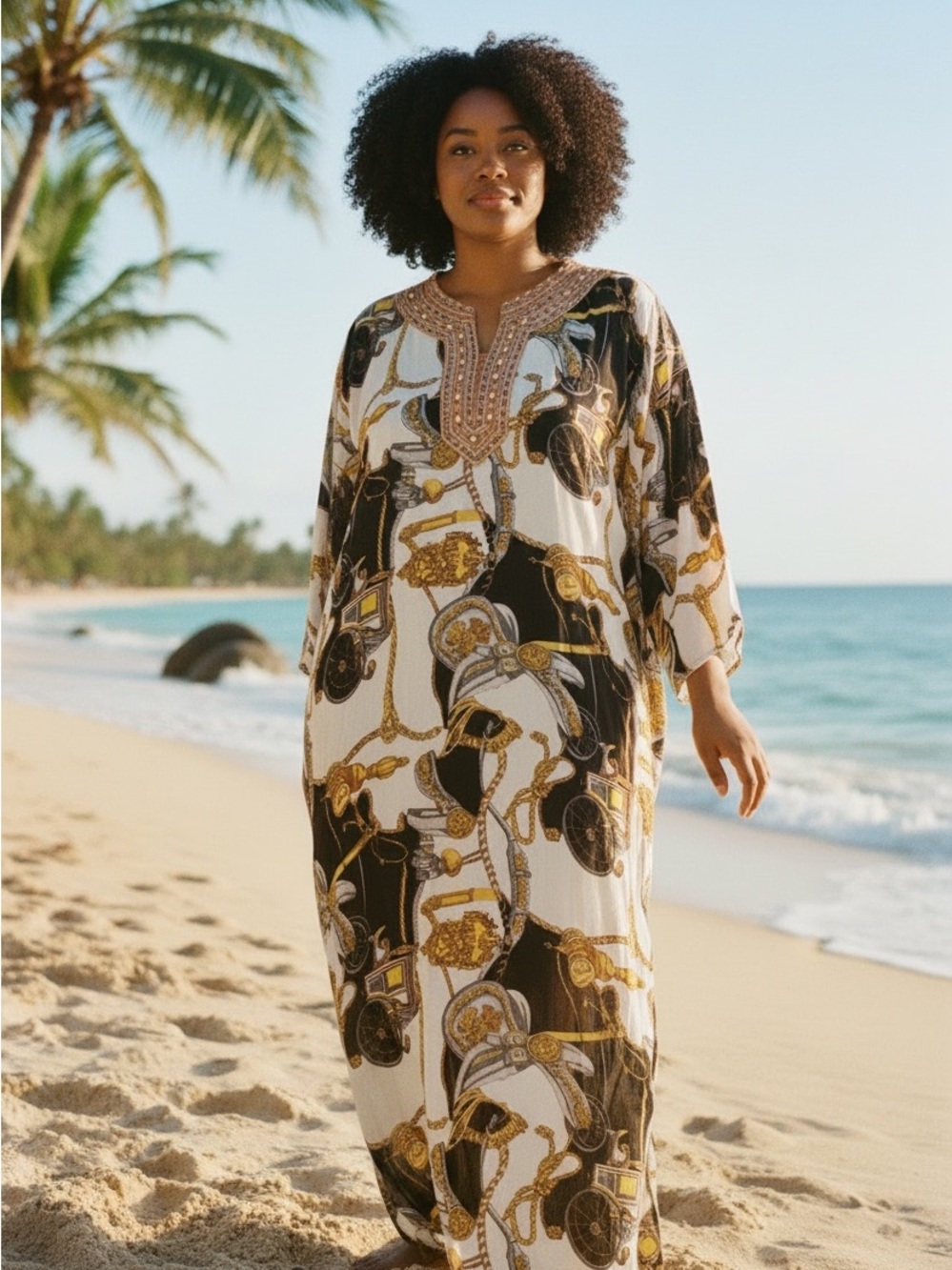 H.S.Y.D. Fashion Embroidered Neck Black & Cream Beach Cover-Up Kaftan